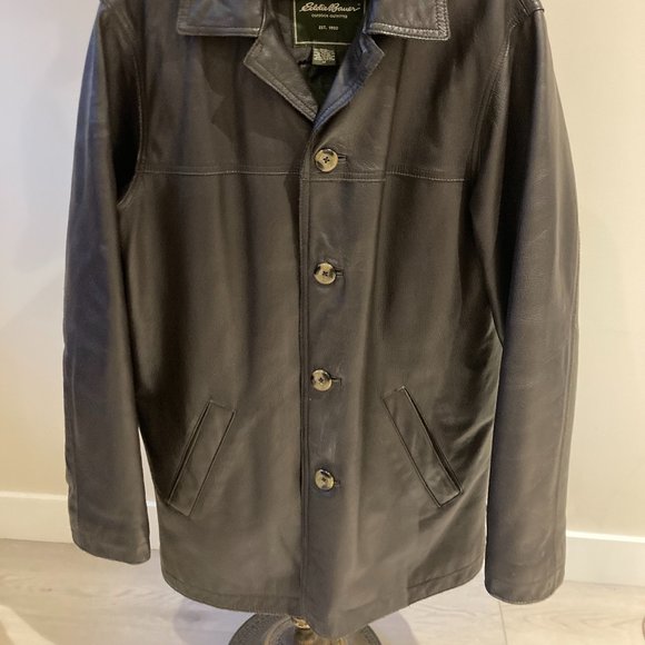 EDDIE BAUER MENS Medium Dark Brown Genuine LEATHER Button Down QuiltLined JACKET - Picture 10 of 15